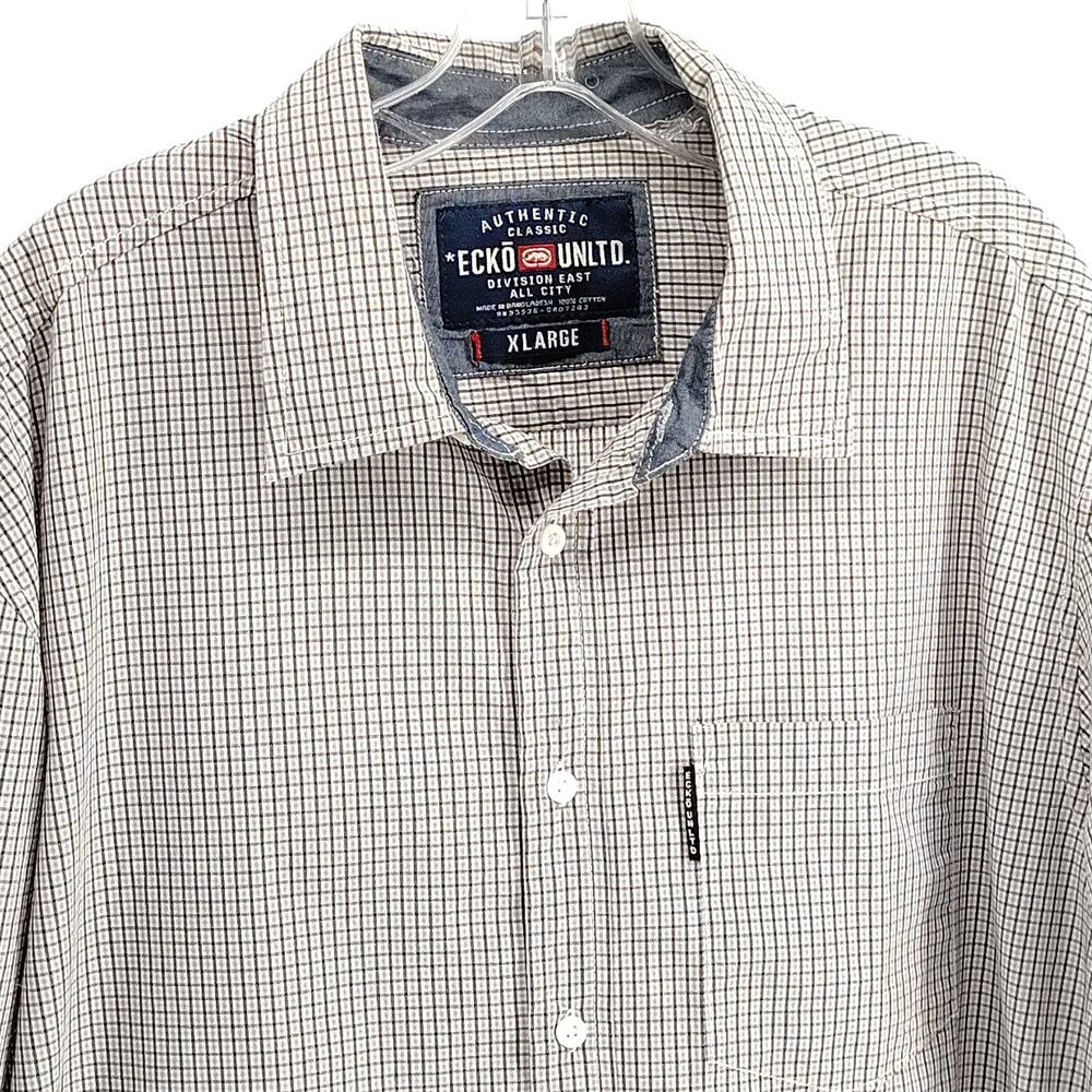 Ecko Unltd Mens XL Blue White Micro Check Button Down Shirt Y2K LS Retro